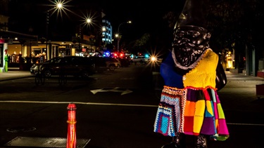 Whaiwhakaaroaro the gnome has been dressed in colourful wool in this act of public art.