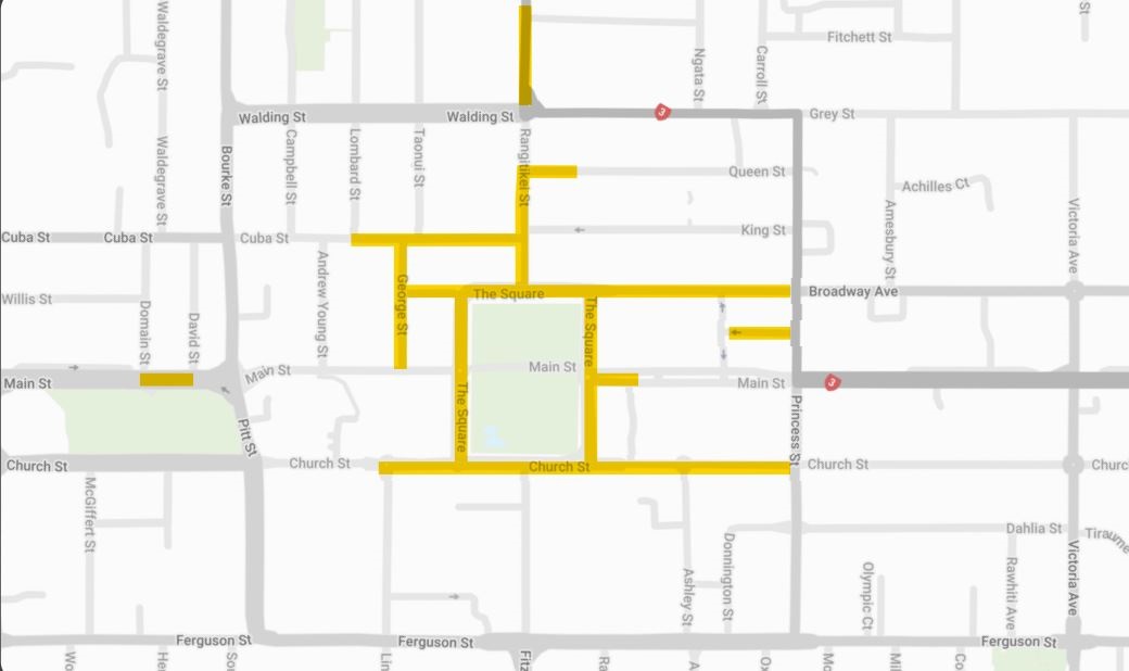 Map of the central city highlighting the streets and parts of streets that are priority routes.