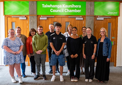 Image shows recipients of the 2024 Jaycee Trust Travelling Fellowship Scheme grants standing in front of the council chamber