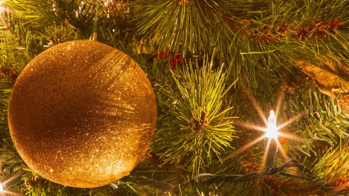 A pine tree decorated with baubles and twinkling lights.