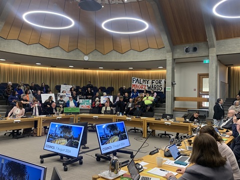 Image shows people gathering in the council chamber supporting Maori ward in Palmerston North city council