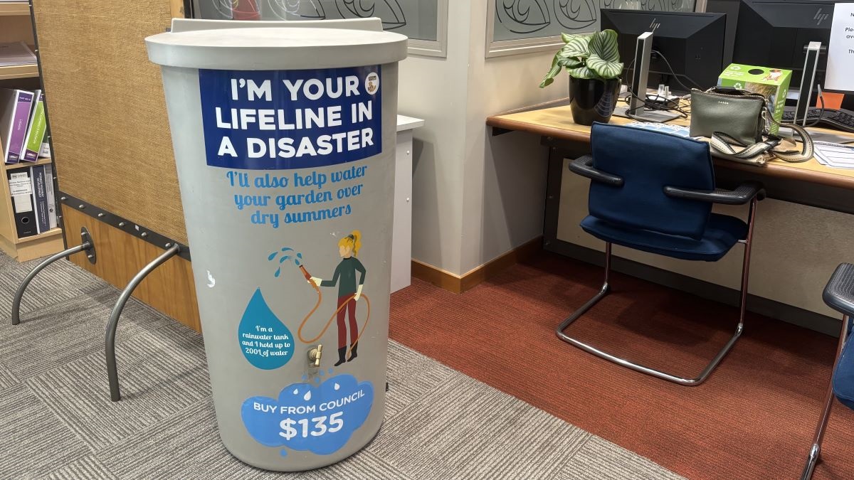 A 200l water tank at the council's customer service centre.