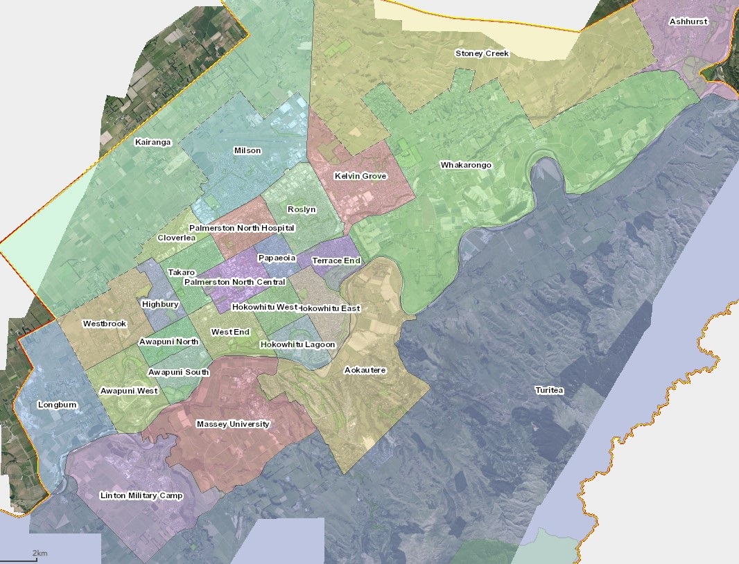 Map of Palmerston North showing the city divided into geographic areas as defined by Stats NZ.