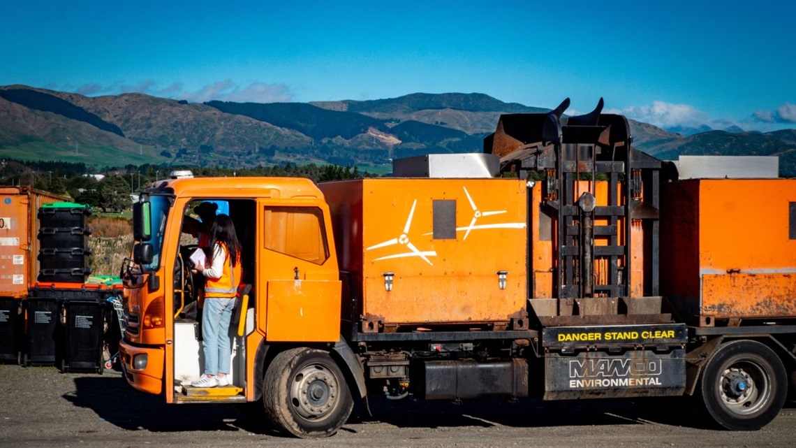 A council recycling truck at Awapuni Resource Recovery Centre.