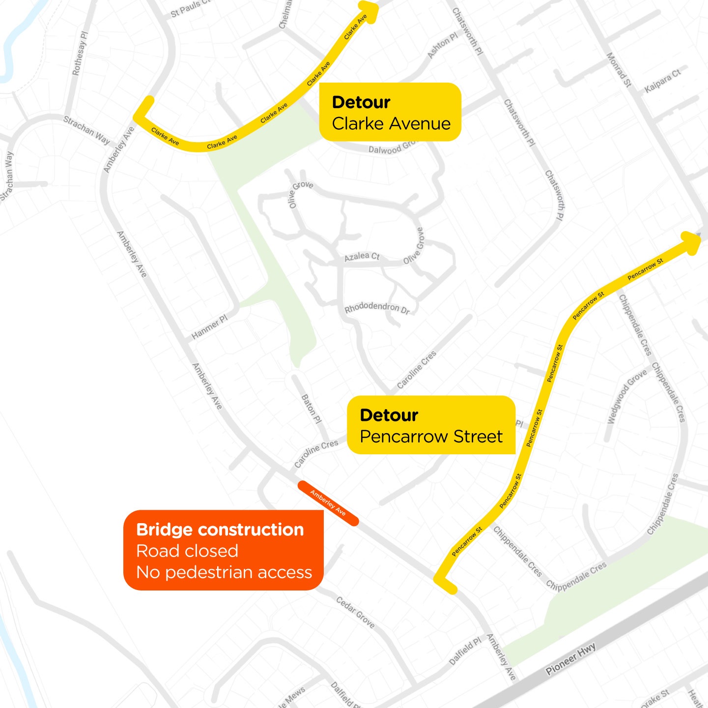 Map of Amberley Avenue bridge construction and traffic management