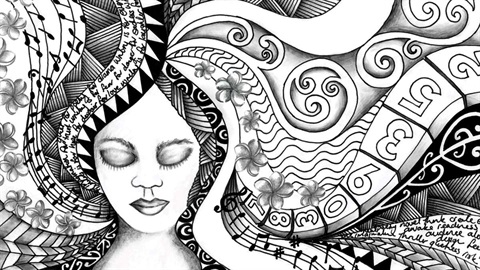Pen and ink illustration shows kowhaiwhai patterns and musical notes swirling around head of Pasifika woman.