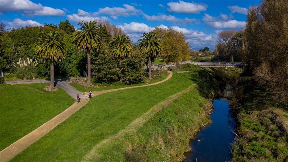 Limestone walkway winding along a mowed grass stopbank next to the stream, with palm trees in the background.