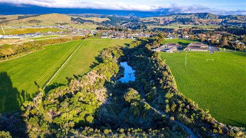 Aerial view of the reserve with grassy fields either side of a gully lined by native bush and a walkway running through it.