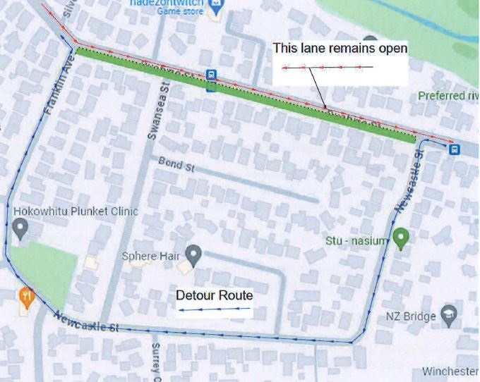 Map shows road closures and detour on Ruahine Street