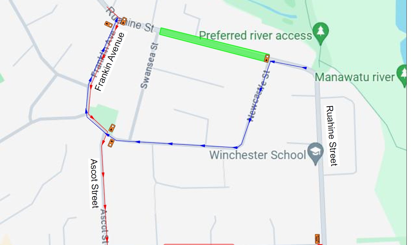 map indicates the road closure on part of Ruahine Street and detours